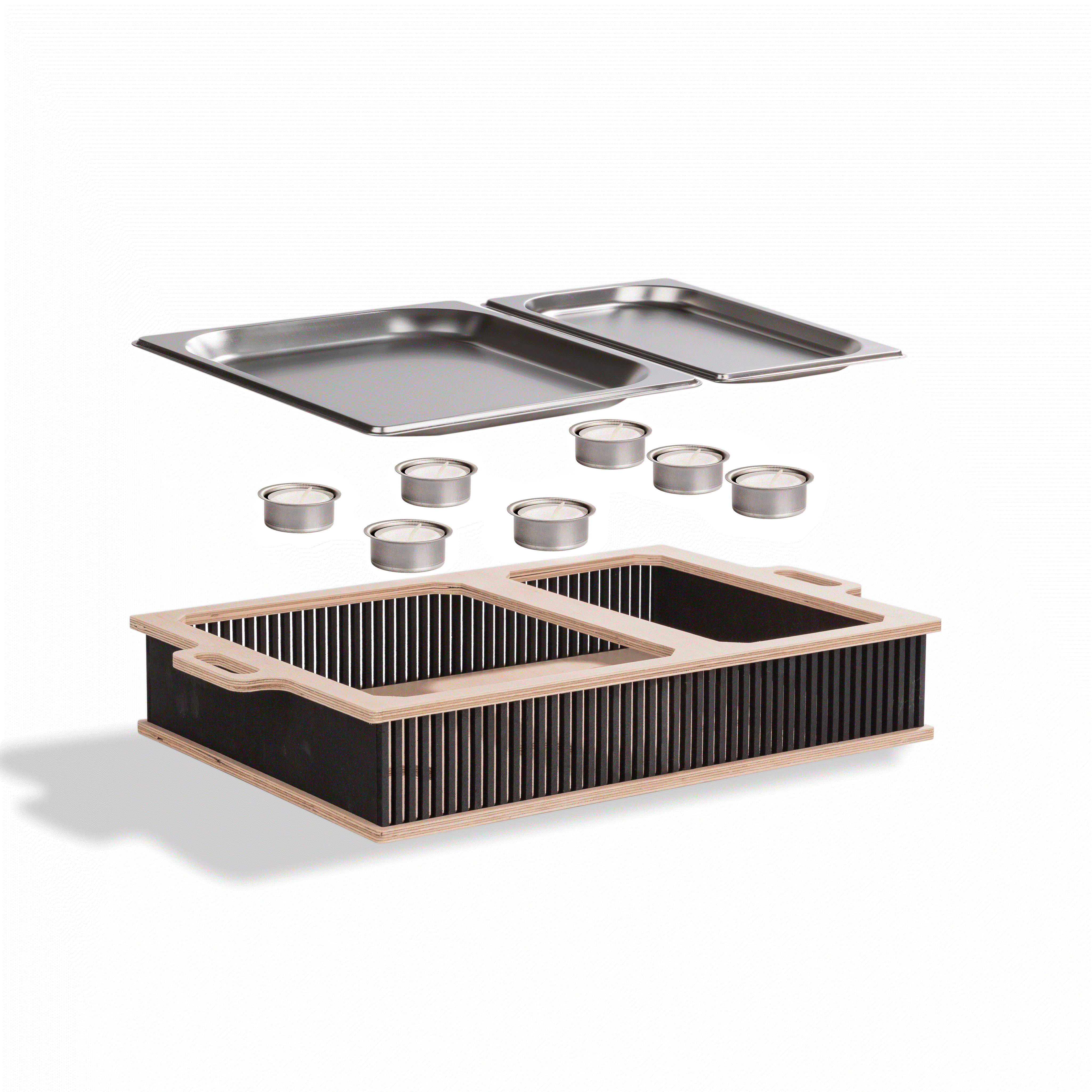 Hochwertige Hotty Legacy Warmhalteplatte mit Edelstahlbehältern, unzerstörbaren Teelichthaltern und Holzkorpus in edlem Design.
