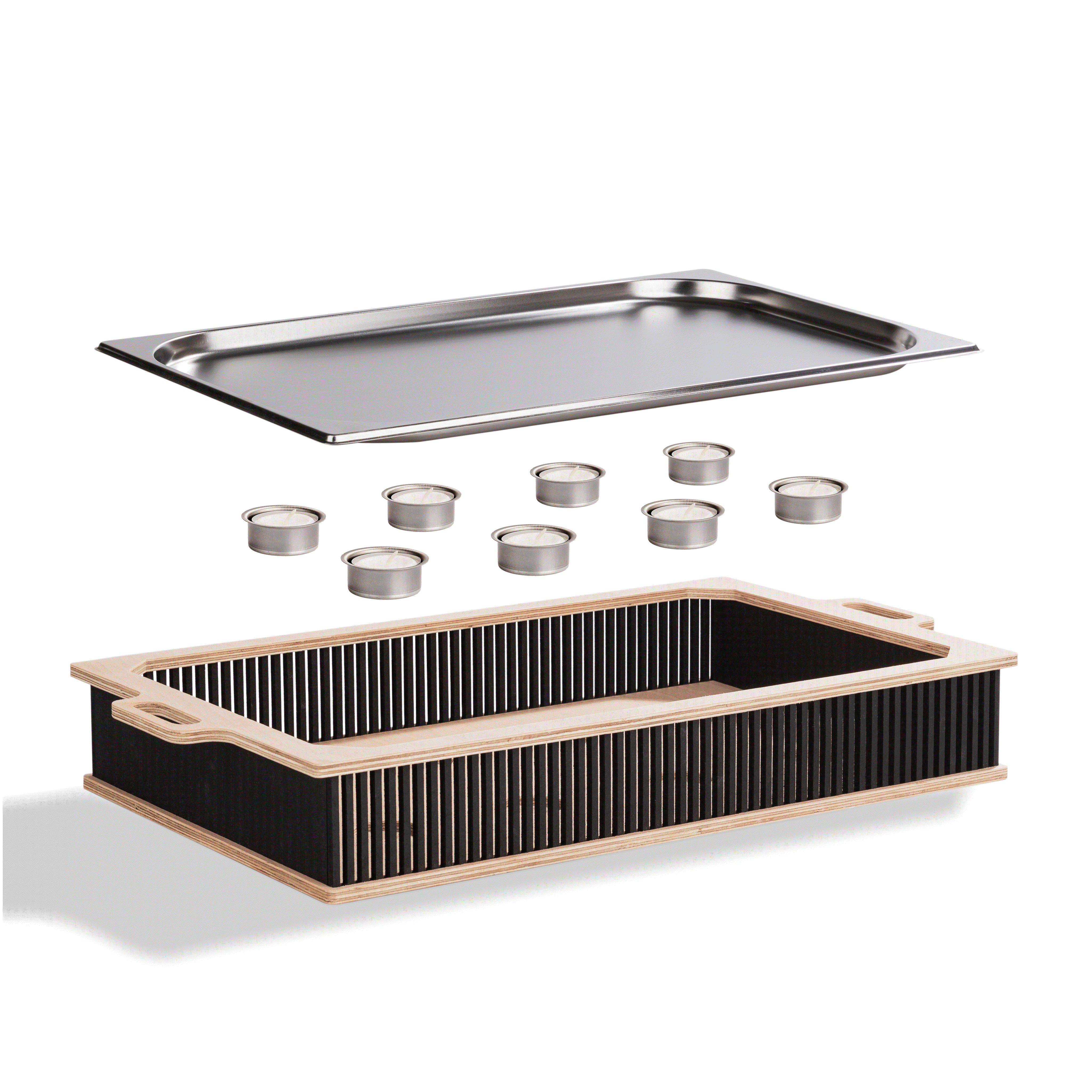 Hotty Legacy Warmhalteplatte mit Edelstahlplatte, Teelichthaltern und Holzkorpus, ideal für Grillabende.