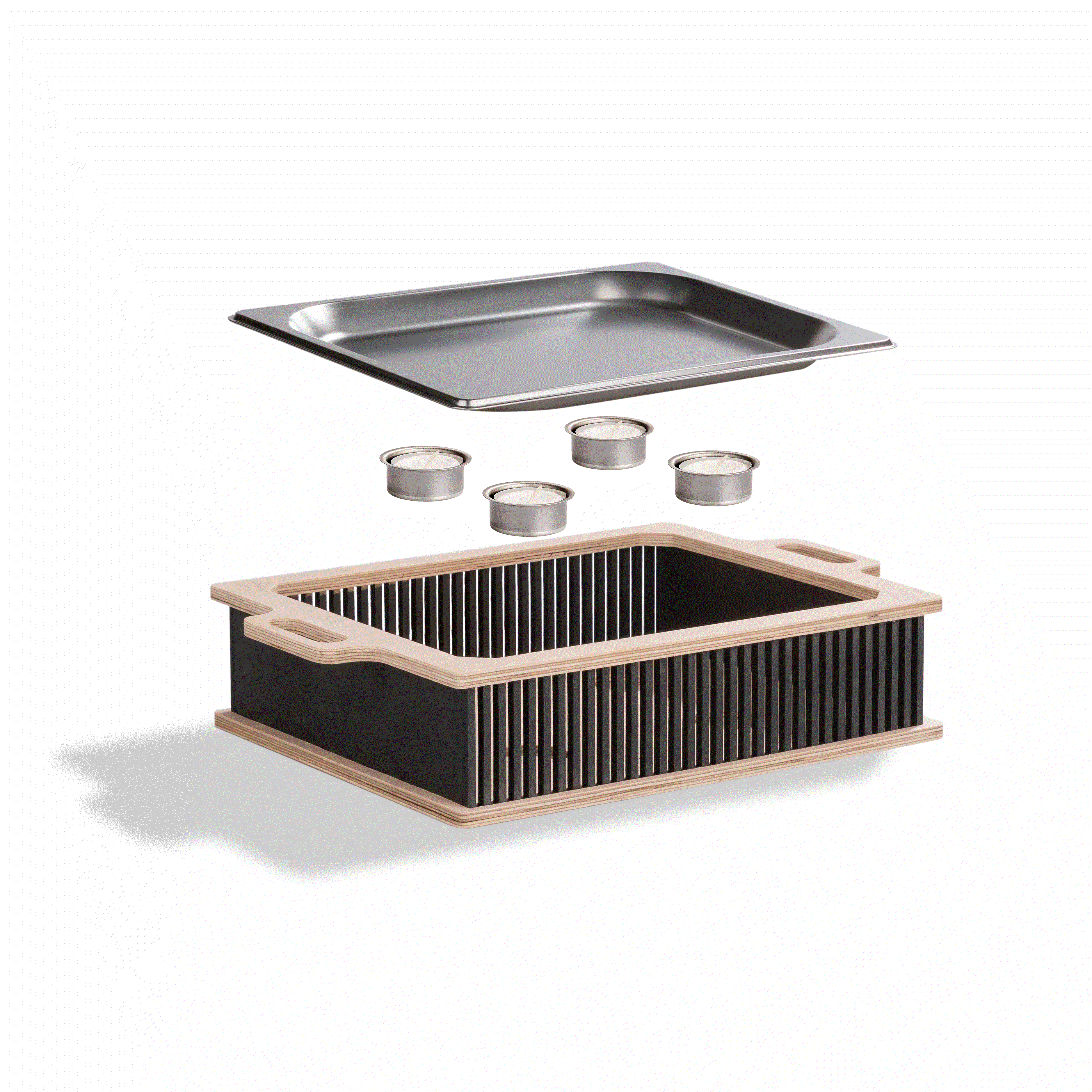 Hotty Legacy Warmhalteplatte mit Teelichthaltern aus Metall und Holzkorpus.