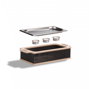 Edelstahl-Warmhalteplatte mit Glas-Teelichthaltern und Holzkorpus, ideal für BBQ-Partys, Produktname: Hotty Legacy.