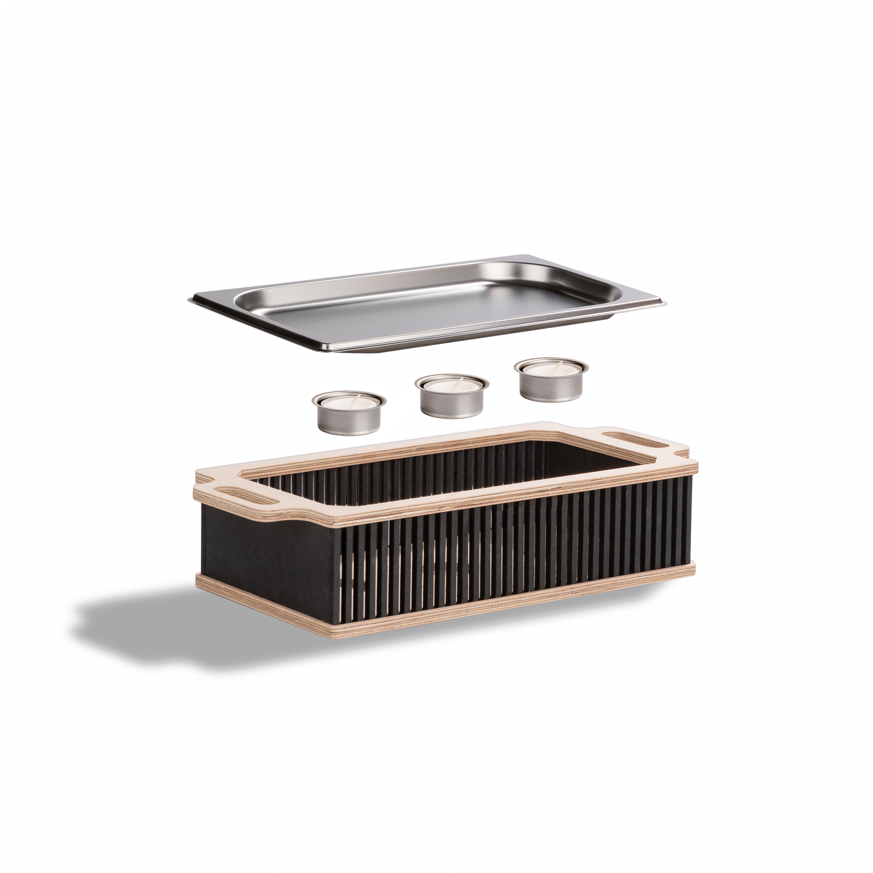 Edelstahl-Warmhalteplatte mit Glas-Teelichthaltern und Holzkorpus, ideal für BBQ-Partys, Produktname: Hotty Legacy.